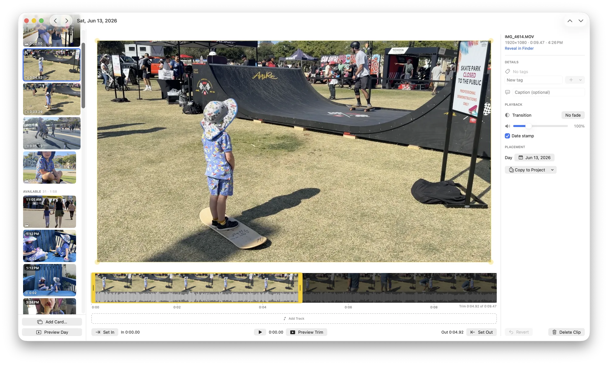ClipDiary's day window: the day's clips listed down the left, one video open in the trim
              editor with yellow in/out handles on its filmstrip, and the clip's details on the right.